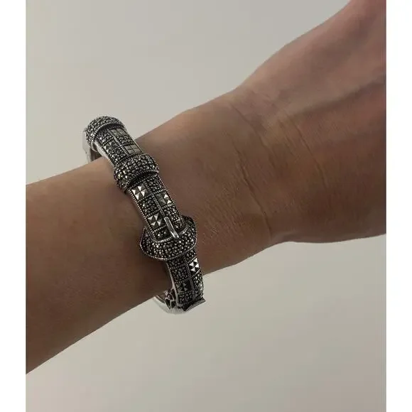 Judith Jack Sterling Marcasite Buckle Bracelet Vintage JJ Logo Silver Clasp - Picture 2 of 7